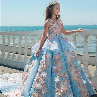 Blue lace girls pageant dresses ball gown children birthday holiday wedding party dresses teenage princess toddler dresses sweep train - Thumbnail 4