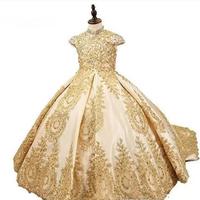  Gold Glitz Ball Gown Princess Little Girls Pageant Dresses Fuchsia Little Baby Camo Flower Girl Dresses With Beads - Thumbnail 1