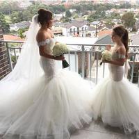 Lovely Off-the-Shoulder Mermaid Tulle Flower Girl Dresses Spaghetti Strap Lace Applique Sweep Train Kids Pageant Dresses - Thumbnail 1