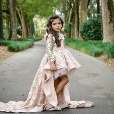 Lovely high low tulle lace flower girls dresses train long sleeve little girls pageant dress  cheap girl formal wear party ball gown - Thumbnail 5
