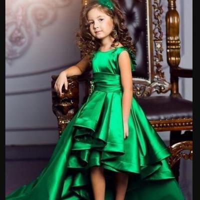 Hi lo green girls pageant dresses satin a line pleats sash girls flower girls dresses lovely children birthday dresses kids formal wear - Thumbnail 4