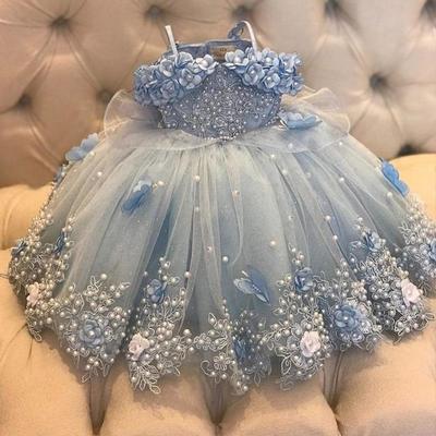Cute light sky blue girls pageant dresses princess tulle lace appliques pearls kids flower girl dress ball gown birthday gowns  - Thumbnail 5