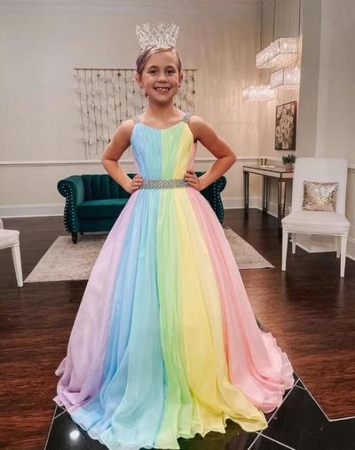 Rainbow Chiffon Little Girl Pageant Dresses Straps-Neck Girls Prom Gowns Zipper V Back Sleeveless A-Line Long Kids Formal Party Birthday Princess Wear