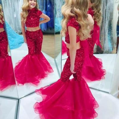 Fashion two pieces girl pageant dress sequins pants organza bell bottoms little kids birthday cap sleeves high neck formal party gowns - Thumbnail 5
