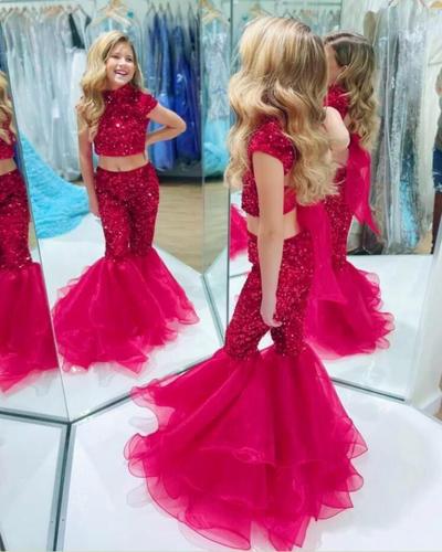 Fashion Two Pieces Girl Pageant Dress Sequins Pants Organza Bell Bottoms Little Kids Birthday Cap Sleeves High Neck Formal Party Gowns