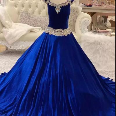 Fashion royal-blue velvet pageant dresses for infant toddlers teens cap sleeve ritzee roise ball gown long little girl formal party gown - Thumbnail 3