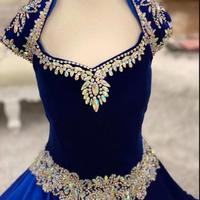 Fashion Royal-Blue Velvet Pageant Dresses for Infant Toddlers Teens Cap Sleeve ritzee roise Ball Gown Long Little Girl Formal Party Gown - Thumbnail 1