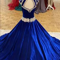 Fashion Royal-Blue Velvet Pageant Dresses for Infant Toddlers Teens Cap Sleeve ritzee roise Ball Gown Long Little Girl Formal Party Gown - Thumbnail 3