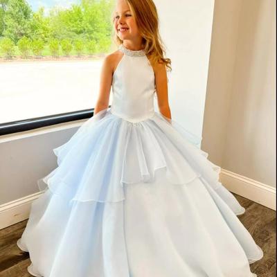 Light ice blue girl pageant dress crystals beading ruffles organza little kid birthday formal party long gown toddler teens preteen - Thumbnail 4