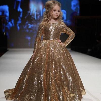 Gold seuiqns ball gown little girls pageant dresses with long sleeves princess formal party gowns custom made - Thumbnail 3