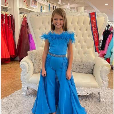 Blue girl pageant dress jumpsuit romper tulle overlay little kids birthday cold-shoulder formal party gown infant toddler teens - Thumbnail 3