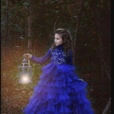 Princess royal blue lovely little girls pageant dresses puffy tiered organza lace applique long sleeves flower girl dress - Thumbnail 5