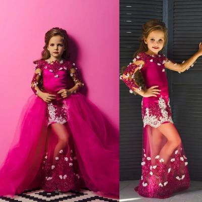 Bling girls pageant dresses fuchsia long sleeves lace crystal beaded with flowers flower girl dresses kids wear birthday communion dress overskirts - Thumbnail 5
