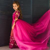 Bling Girls Pageant Dresses Fuchsia Long Sleeves Lace Crystal Beaded With Flowers Flower Girl Dresses Kids Wear Birthday Communion Dress Overskirts - Thumbnail 1