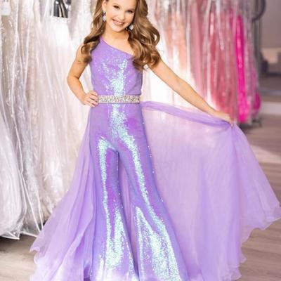 Lilac girl pageant dress jumpsuit sequin romper flared pants organza beading skirt little kid birthday one-shoulder formal party gown - Thumbnail 5