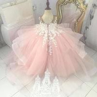 Pink Lace Flower Girl Dresses Sheer Neck Tiers Ball Gown Little Girl Wedding Dresses Cheap Communion Pageant Dress - Thumbnail 1