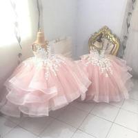 Pink Lace Flower Girl Dresses Sheer Neck Tiers Ball Gown Little Girl Wedding Dresses Cheap Communion Pageant Dress - Thumbnail 2