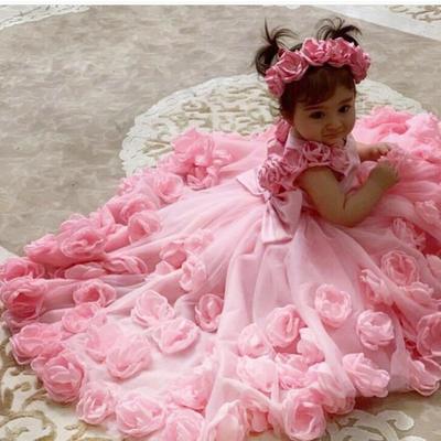 Pink scoop flower girl dresses hand made flowers tulle little girls wedding luxurious communion pageant dress gown - Thumbnail 3
