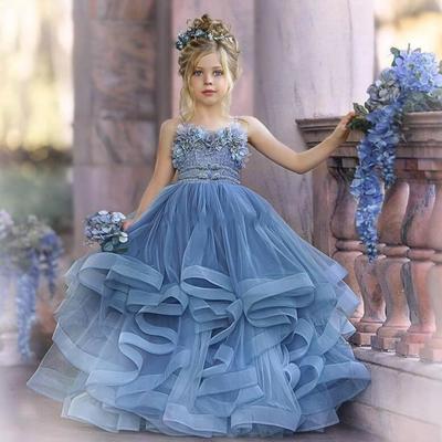 Dusty blue spaghetti straps tulle flower girl dresses lace 3d floral appliques tiered ruffles girls pageant dress kids birthday party gown - Thumbnail 4
