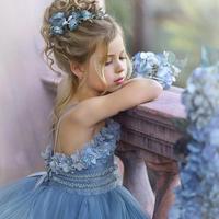Dusty Blue Spaghetti Straps Tulle Flower Girl Dresses Lace 3D Floral Appliques Tiered Ruffles Girls Pageant Dress Kids Birthday Party Gown - Thumbnail 1