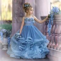 Dusty Blue Spaghetti Straps Tulle Flower Girl Dresses Lace 3D Floral Appliques Tiered Ruffles Girls Pageant Dress Kids Birthday Party Gown - Thumbnail 3