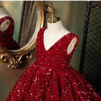 Girls Pageant Dresses Sequined Toddler Ball Gowns Jewel Long Sleeves Formal Kids Party Gown Flower Girl Dresses for Wedding - Thumbnail 1