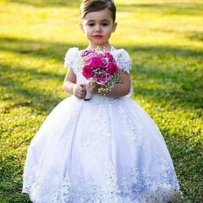 Country flower girl dresses ball gown jewel cap sleeve floor length girls pageant dresses with lace applique bow for wedding - Thumbnail 4