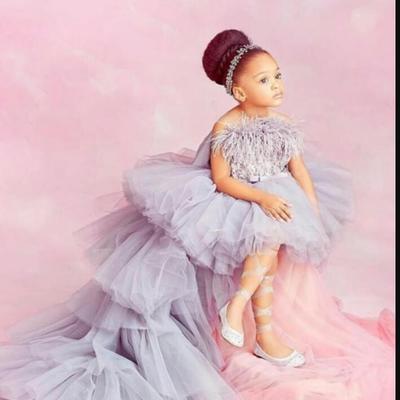 New lace appliqued high low flower girl dresses for wedding tiered skirts little girls pageant dress feather first holy communion gowns  - Thumbnail 3