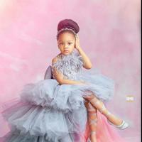 New Lace Appliqued High Low Flower Girl Dresses For Wedding Tiered Skirts Little Girls Pageant Dress Feather First Holy Communion Gowns  - Thumbnail 3