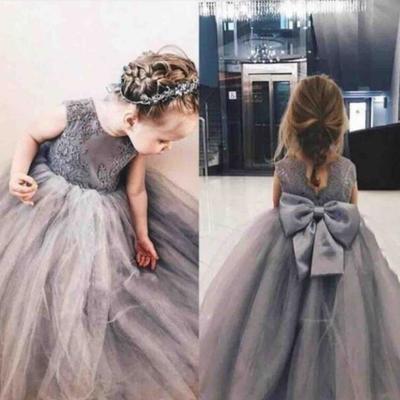 Grey princess flower girl dresses jewel big bowl lace applique girls pageant dresses for toddlers children a line kids birthday dress - Thumbnail 5