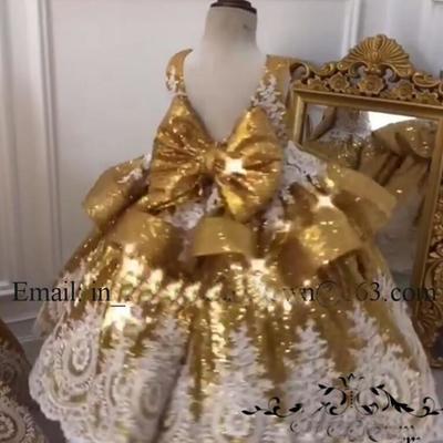 Gold sequined ball gown girls pageant dress 2022 vintage lace ruffles bow plus size toddlers kids dresses party dresses  - Thumbnail 3