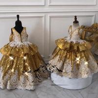 Gold Sequined Ball Gown Girls Pageant Dress 2022 Vintage Lace Ruffles Bow Plus Size Toddlers Kids Dresses Party Dresses  - Thumbnail 1