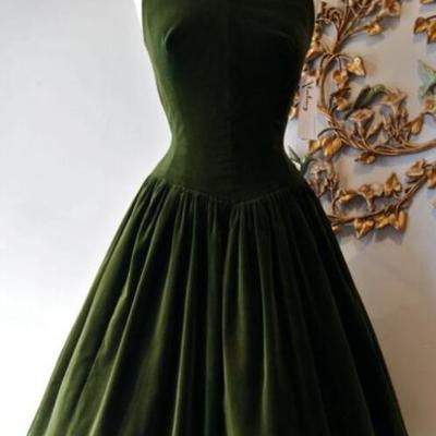 Vintage dark green velvet tea length prom dresses - Thumbnail 2