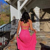 Mermaid Hot Pink V Neck Sequin Long Prom Dresses - Thumbnail 1