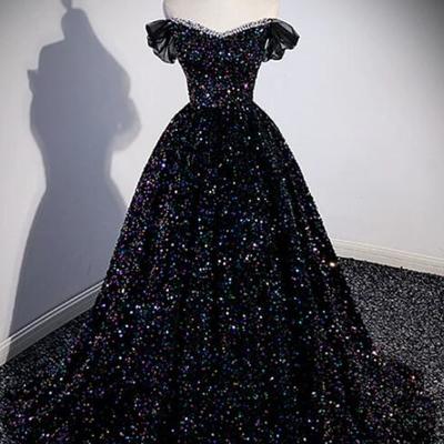 Off shoulder a-line black sequins formal prom dress