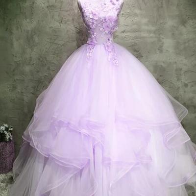 Lavender tulle with flowers ball gown long formal dress