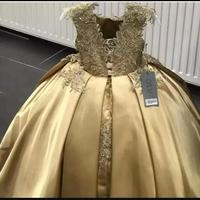 Gold Crystal Flower Girls Dress Pageant Dresses Ball Gown Beaded Toddler Infant Clothes Little Kids Birthday Gowns  - Thumbnail 1