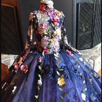 Pretty Fairty Flower Girls Dress High Neck Long Sleeve 3D Floral Apliques Girls Pageant Dresses Lovely Hand Made Flowers Birthday Dress - Thumbnail 1