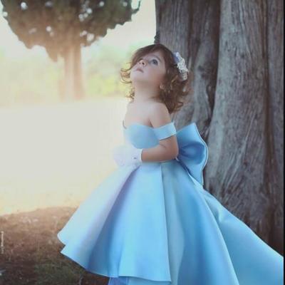 Baby blue flower girls dresses off shoulder big bow hi-lo satin simple princess girls pageant dress for kids toddler dress custom - Thumbnail 2