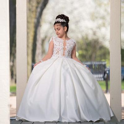 Lovely flower girls dresses for weddings princess jewel neck long sleeves lace appliques beads big bow little kids holy pageant dress - Thumbnail 2