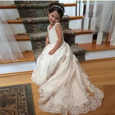 Lace flower girls dresses weddings v neck spaghetti strap sequins appliques tulle satin sweep train ivory pageant dress for girls - Thumbnail 4