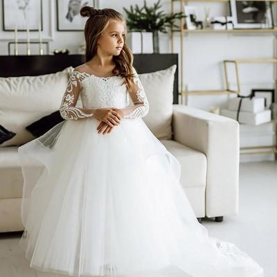 Princess white flower girl dresses sheer long sleeve appliques a line girl pageant dresses little baby kids gowns for birthday first communions - Thumbnail 2