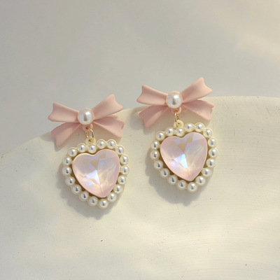 Heart Bow Pearl Coquette Girl Sweet Earrings