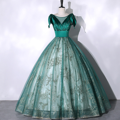 Green tulle sequins long prom dress, a-line evening gown - Thumbnail 1