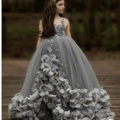Grey flower girl dresses for wedding lace 3d floral appliqued little girls pageant dress tiered skirts - Thumbnail 3