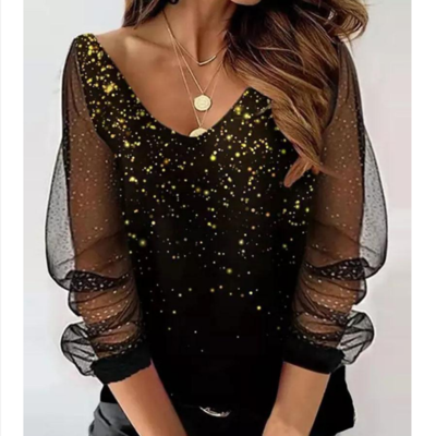 V-Neck Casual Loose Print Long-Sleeved T-Shirt