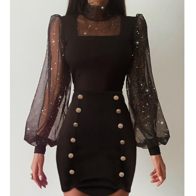 Casual mesh long-sleeved split dress - Thumbnail 1