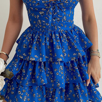 Blue Floral Casual V-Neck Sling Sleeveless Dress - Thumbnail 2