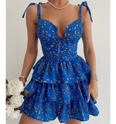 Blue Floral Casual V-Neck Sling Sleeveless Dress