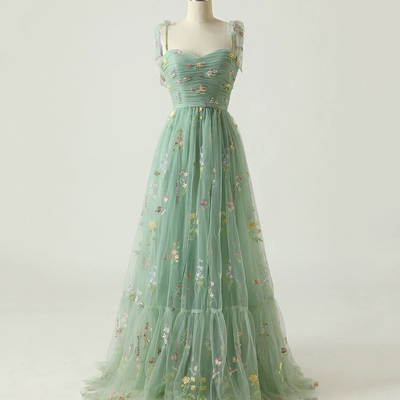 Green floral tulle long prom dress, cute a-line evening party dress